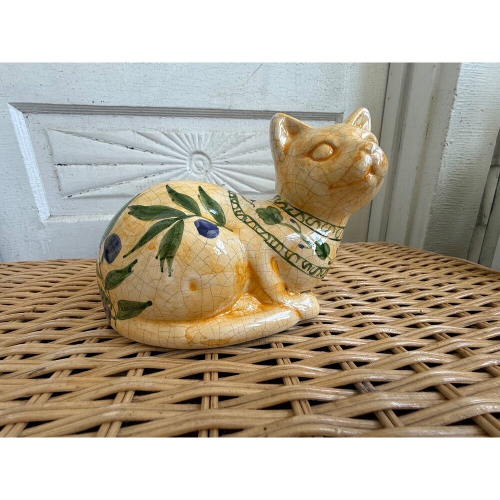 Vintage 70's Ceramic Cat Crackle Glaze Hand Painted Olive Branch - Picture 13 of 13